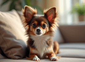Chihuahua Papillon assis sur un canapé lumineux