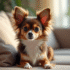 Chihuahua Papillon assis sur un canapé lumineux