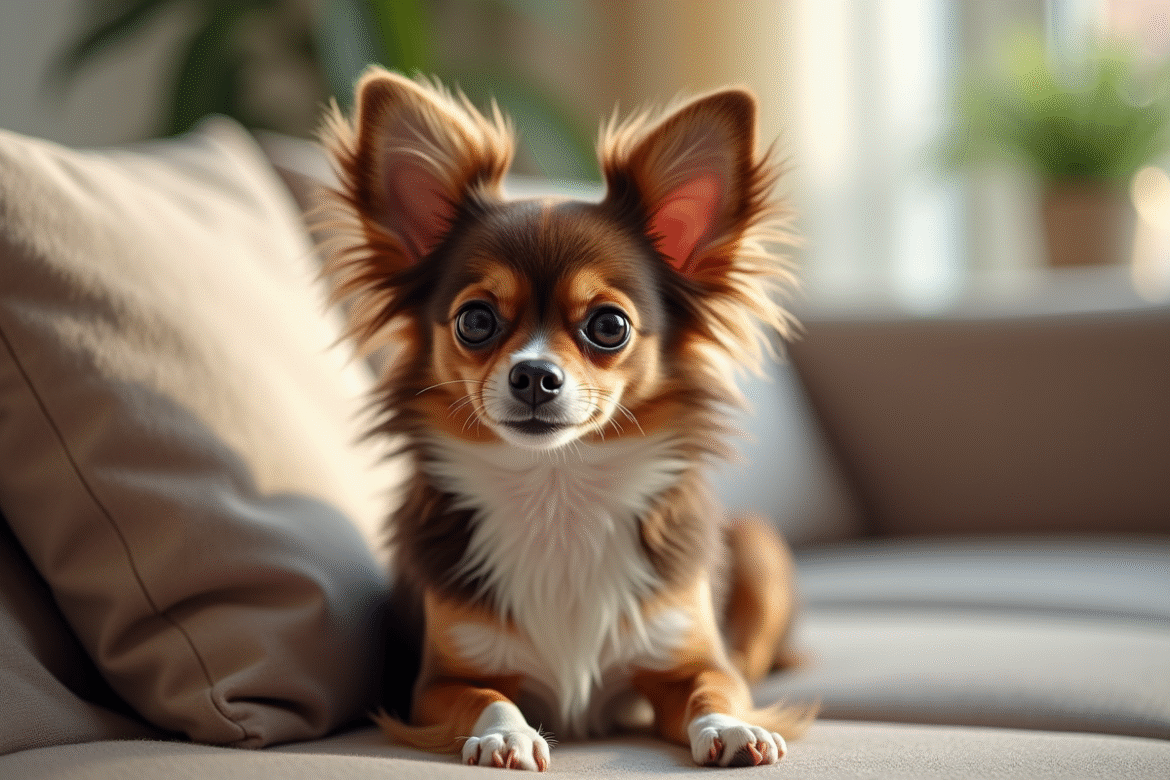 Chihuahua Papillon assis sur un canapé lumineux