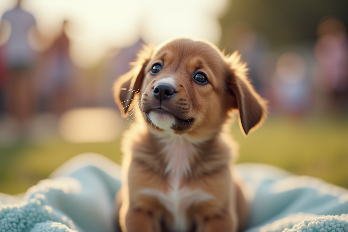 Chiot curieux regardant en haut sur une couverture lors d