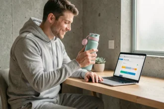 Jeune homme utilisant un code promo Air Up Inoxtag sur son ordinateur portable avec une bouteille Air Up colorée posée sur son bureau
