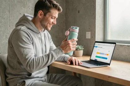 Jeune homme utilisant un code promo Air Up Inoxtag sur son ordinateur portable avec une bouteille Air Up colorée posée sur son bureau