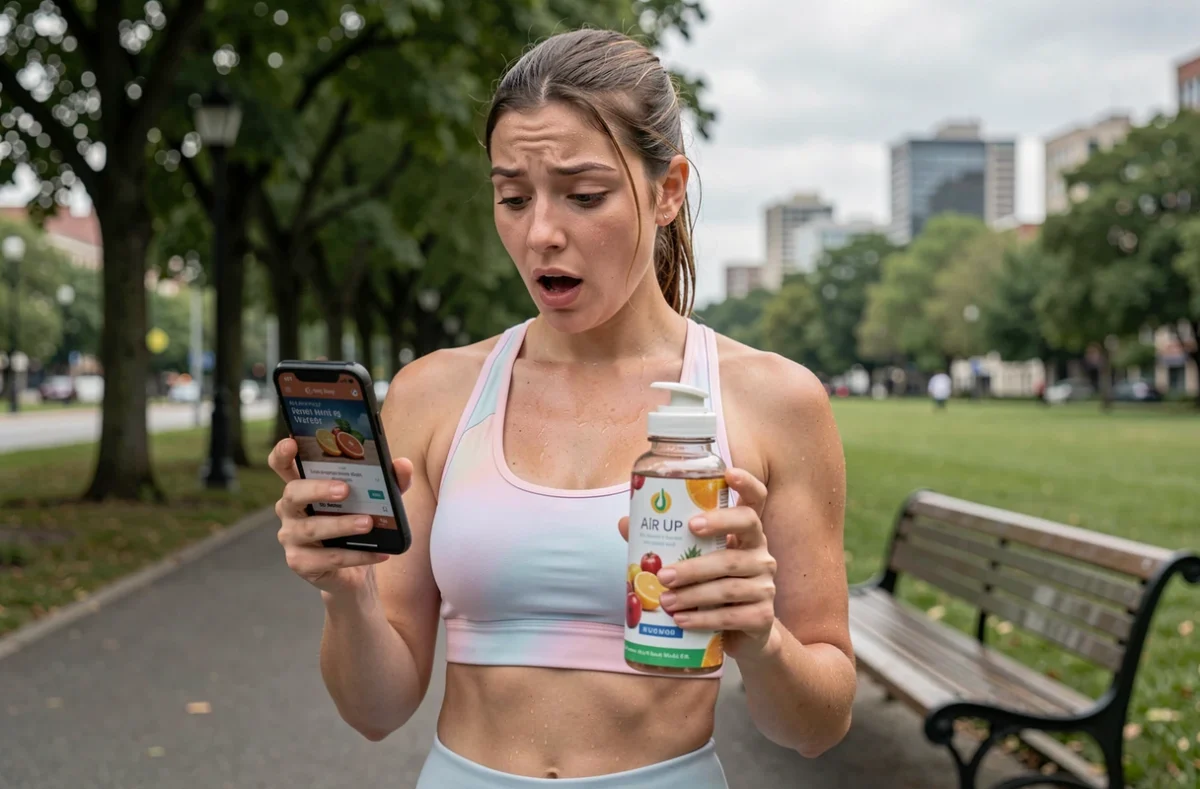 Jeune femme sportive consultant une offre promotionnelle Air Up Inoxtag sur son smartphone dans un parc urbain