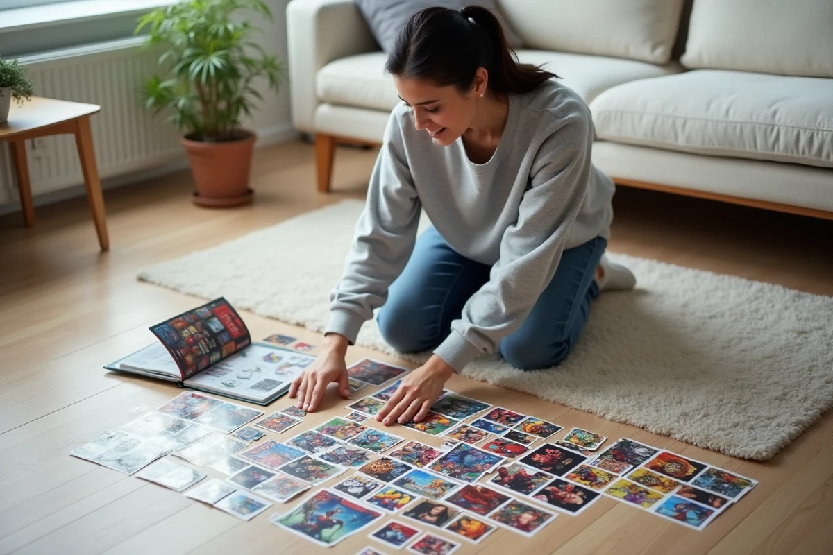 Femme organisant sa collection de stickers Marvel Leclerc 2026 sur le sol d'un salon scandinave
