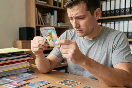 Collectionneur examinant attentivement une carte Pokémon holographique rare pour détecter des erreurs d'authentification