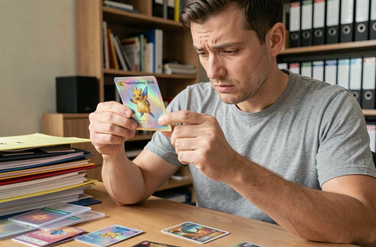 Collectionneur examinant attentivement une carte Pokémon holographique rare pour détecter des erreurs d'authentification