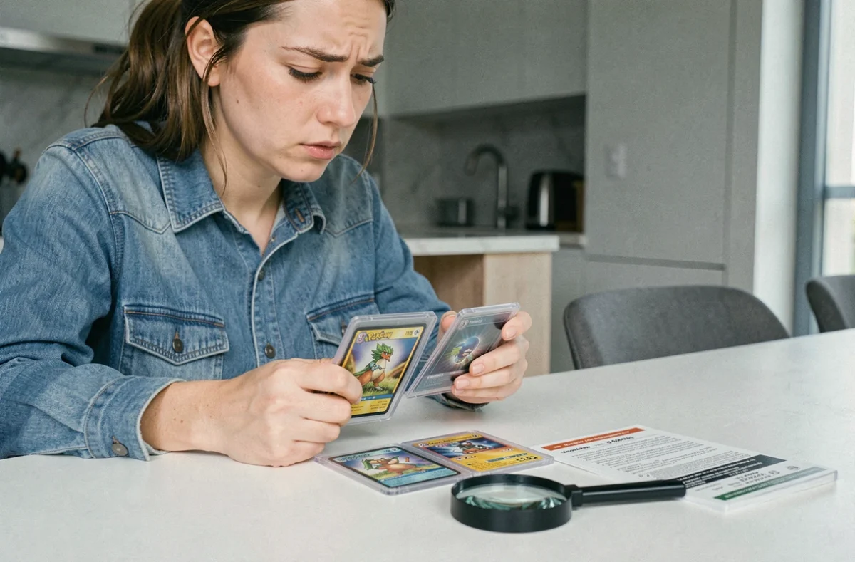 Femme comparant deux cartes Pokémon rares pour identifier des défauts ou erreurs de fabrication coûteuses