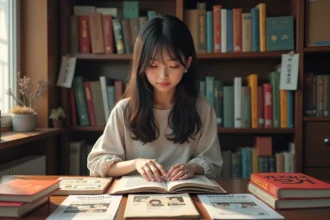 Jeune femme comparant un manga, un webtoon et un roman léger coréen posés sur un bureau en bois dans une bibliothèque intimiste