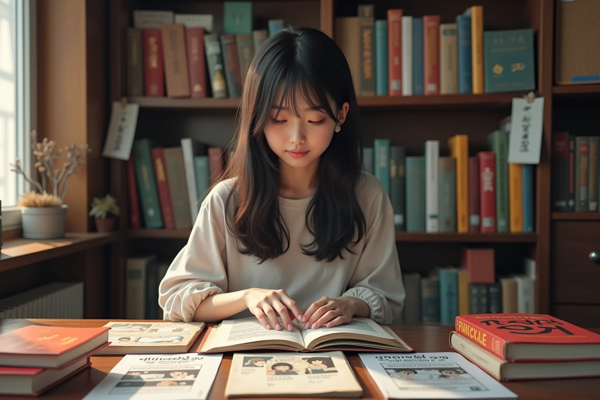 Jeune femme comparant un manga, un webtoon et un roman léger coréen posés sur un bureau en bois dans une bibliothèque intimiste