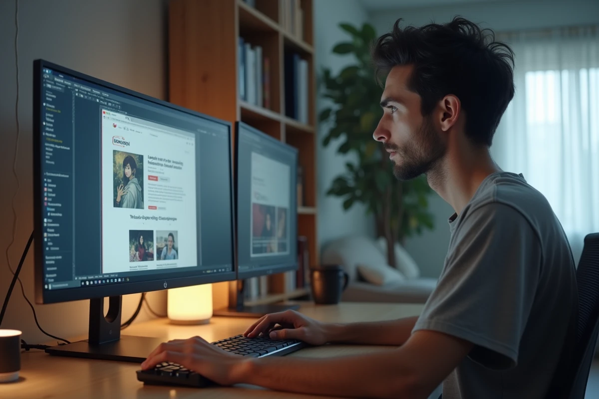 Homme comparant deux sites de scan manga sur un grand écran d'ordinateur pour identifier un site fiable sans publicités ni virus