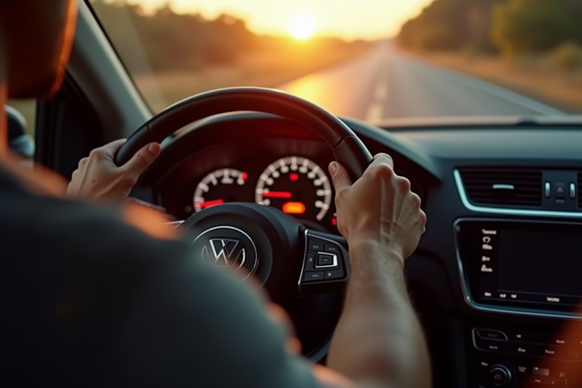 Main du conducteur sur le volant en cuir avec tableau de bord lumineux