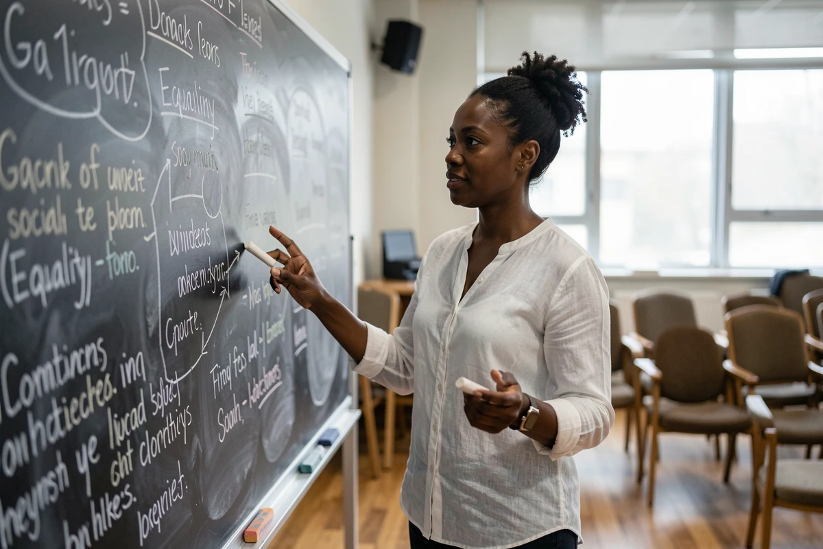 Femme noire conférencière debout devant un tableau illustrant des concepts de conscientisation contre les discriminations
