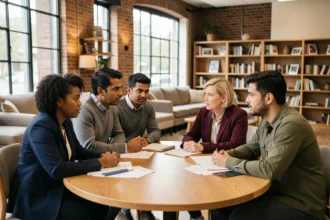 Groupe diversifié d'adultes réunis autour d'une table pour une discussion sur la conscientisation et la lutte contre les discriminations