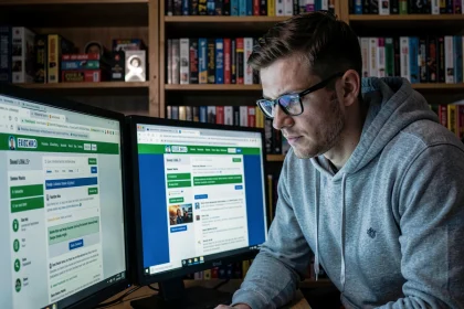 Homme consultant des archives de forum internet vintage sur un double écran dans un bureau home office nostalgique