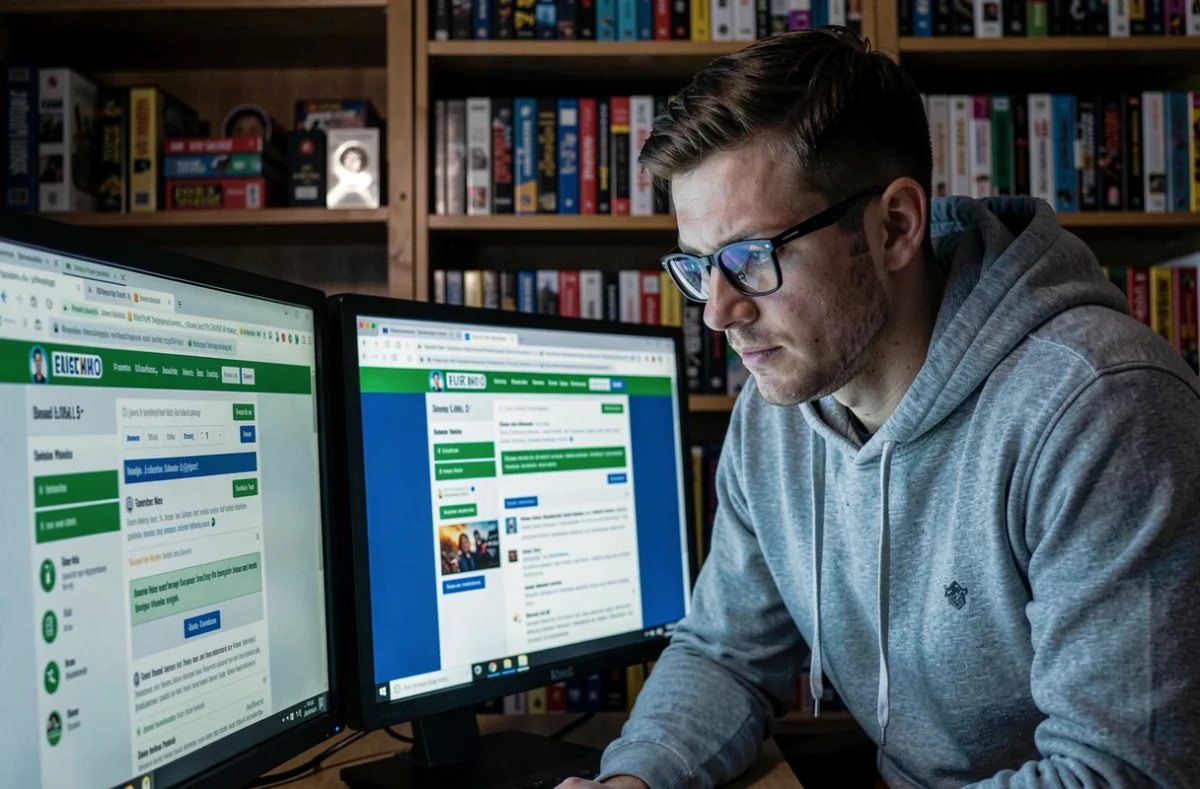 Homme consultant des archives de forum internet vintage sur un double écran dans un bureau home office nostalgique