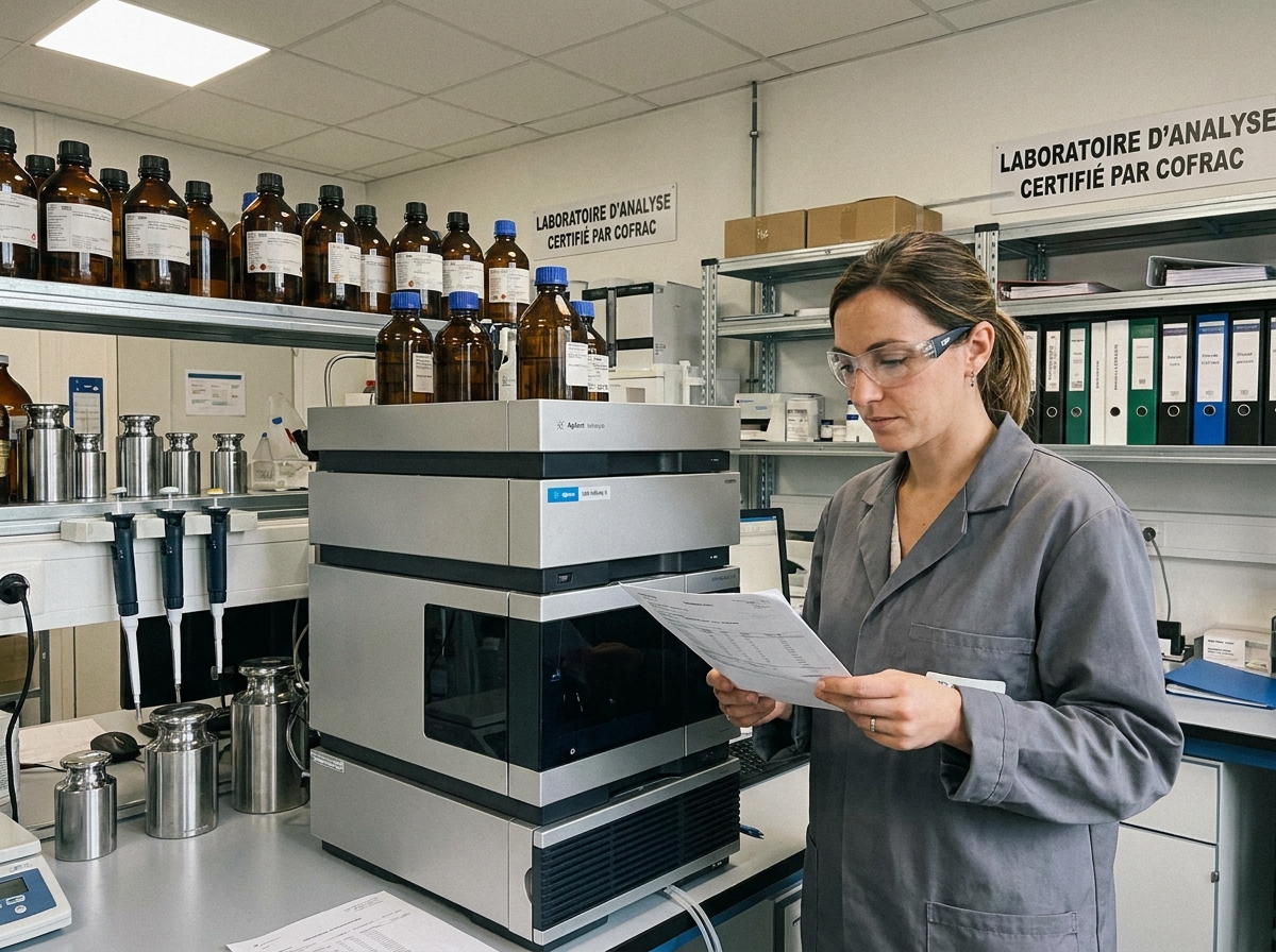 Inspectrice qualité analysant les résultats de contrôle d'un e-liquide français dans un laboratoire analytique certifié