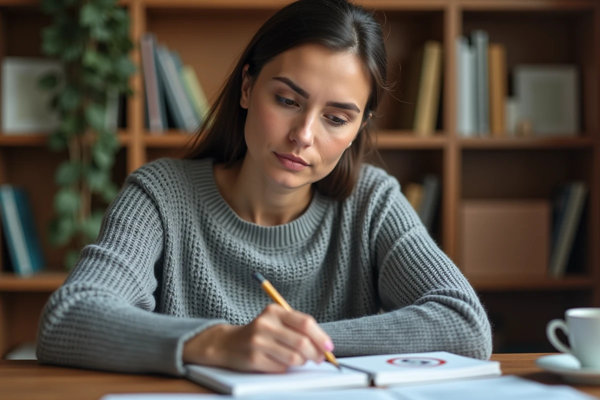 Femme prenant des notes sur la conversion de miles en kilomètres à son bureau, avec une fiche de référence sur les limitations de vitesse