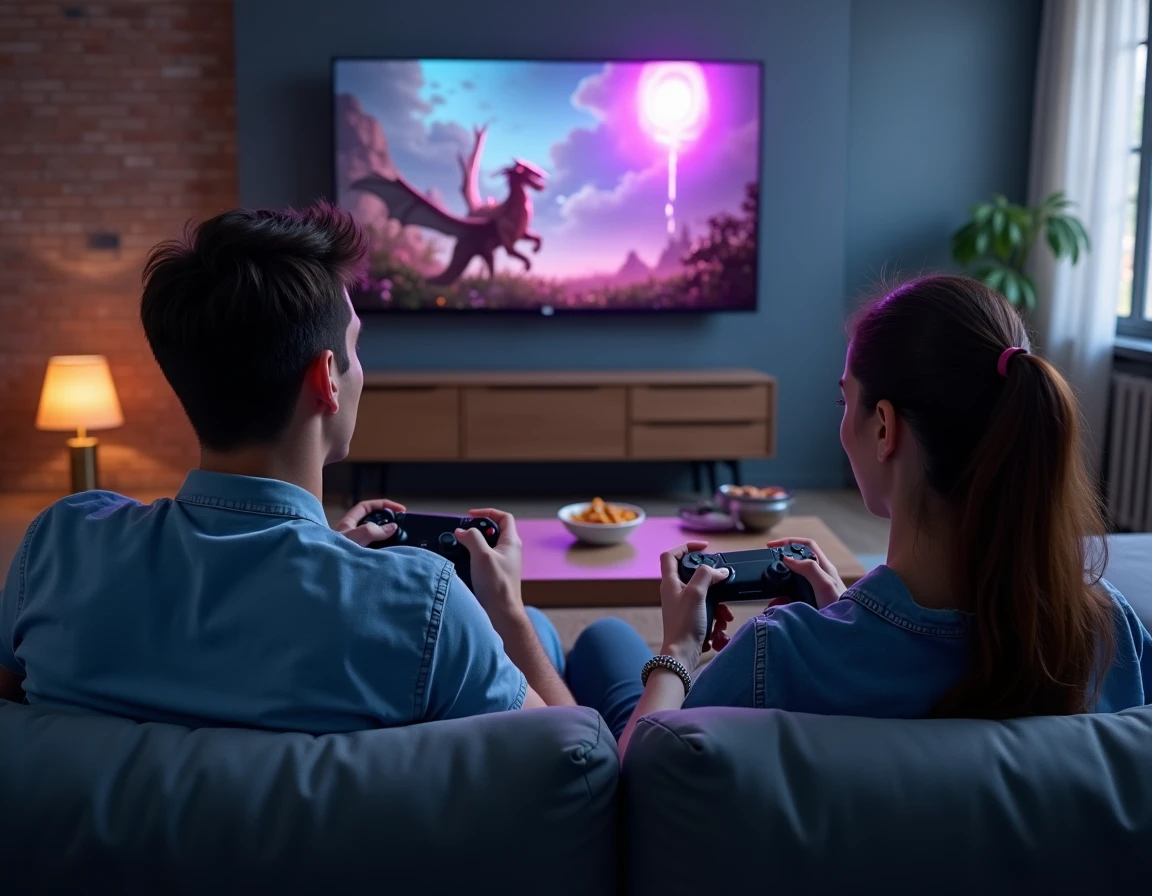 Deux joueurs en coop sur un canapé regardant une cinématique de quête fantasy avec orbe violet sur grand écran TV