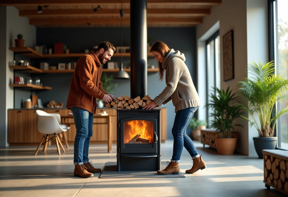 Jeune couple préparant du bois dans un intérieur moderne
