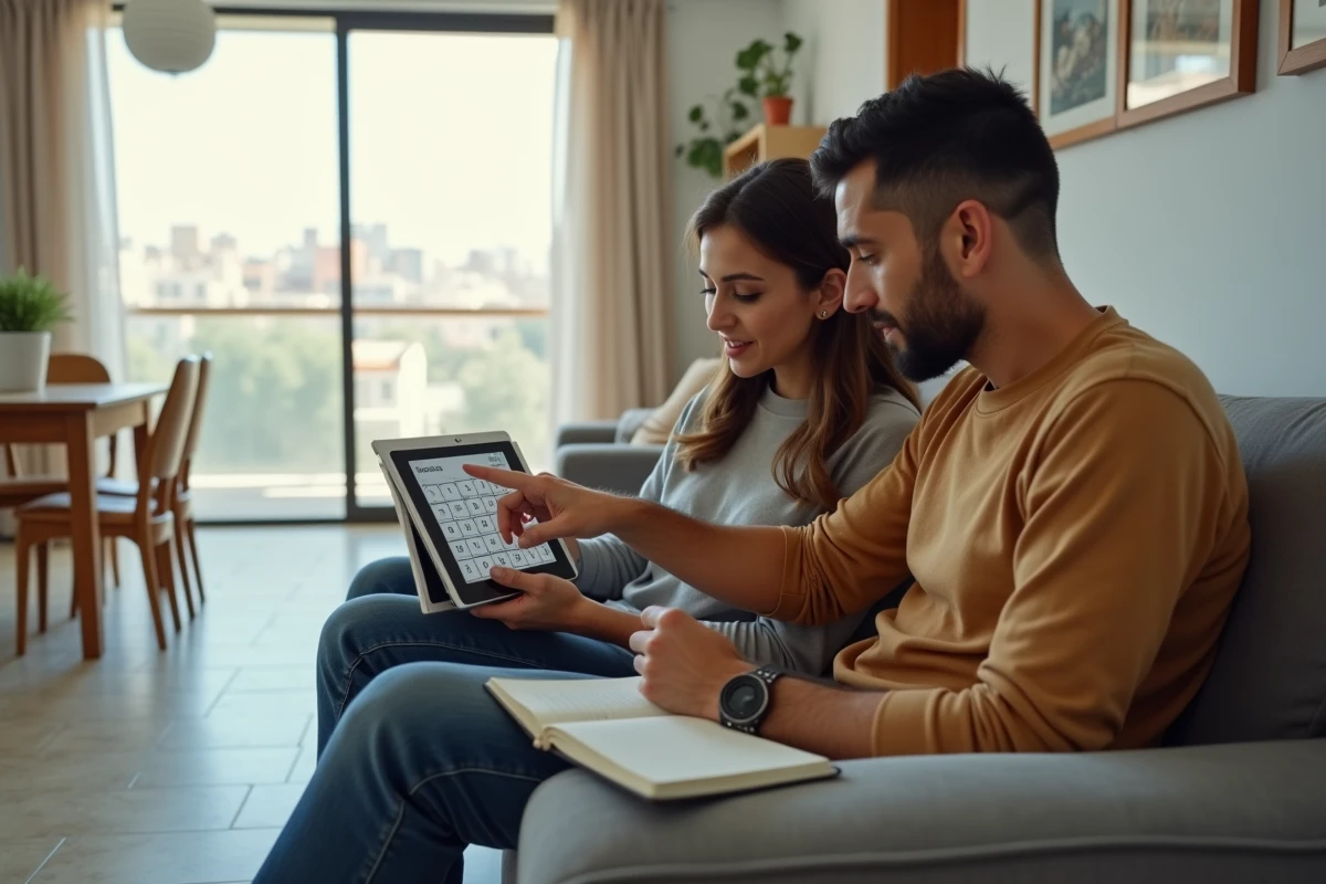 Couple algérien calculant le nombre de jours depuis leur naissance sur une tablette dans leur salon