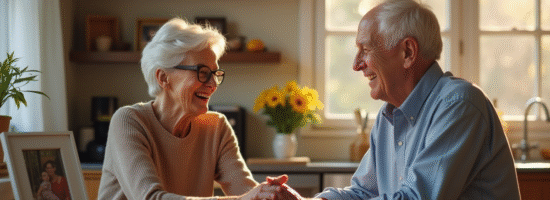 Couple agee riant main dans la main dans la cuisine