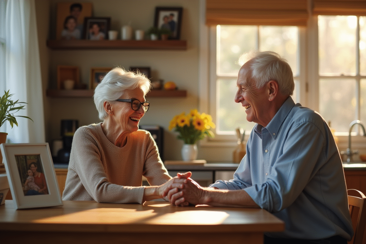 Couple agee riant main dans la main dans la cuisine