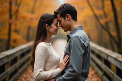 Couple en connexion profonde sur un pont en bois en forêt automnale, illustrant la signification de la flamme jumelle en amour