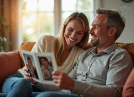 Couple heureux dans leur salon regardant des photos de mariage