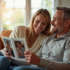 Couple heureux dans leur salon regardant des photos de mariage