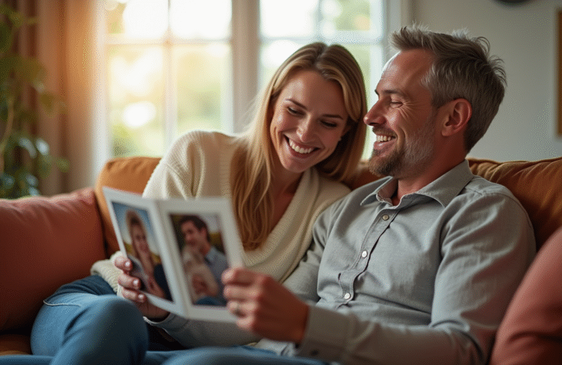 Couple heureux dans leur salon regardant des photos de mariage