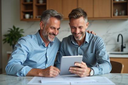 Couple souriant dans la cuisine avec documents et tablette