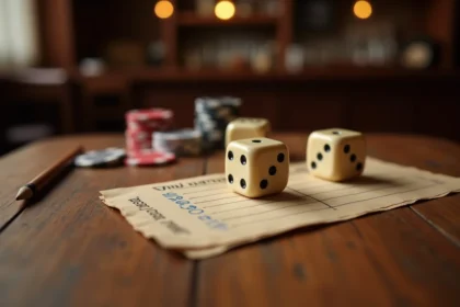 Trois dés ivoire montrant un 4-2-1 sur une table en bois avec une feuille de score manuscrite et des jetons de poker dans un bistrot français