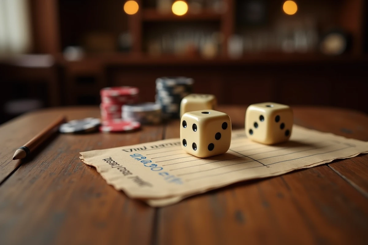 Trois dés ivoire montrant un 4-2-1 sur une table en bois avec une feuille de score manuscrite et des jetons de poker dans un bistrot français