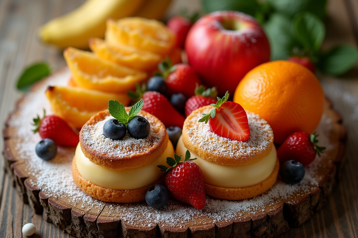 Vue en gros plan de desserts de fruits en forme de V sur une table en bois