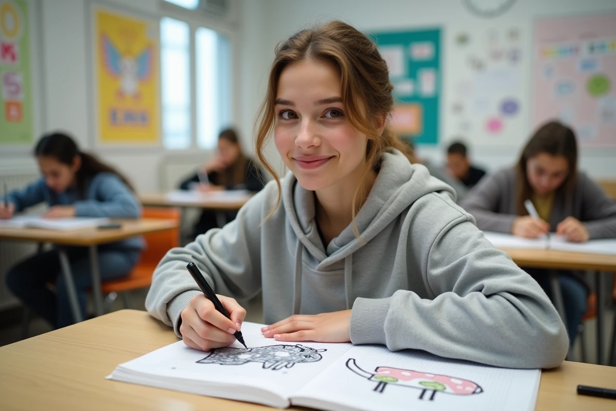 Jeune femme dessinant des animaux en pixel art sur du papier quadrillé dans une salle de classe