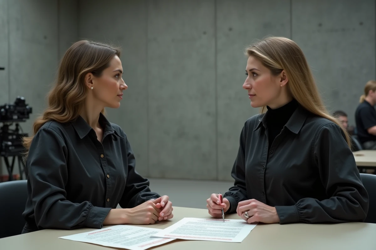 Deux actrices en costume noir discutant d'un script dans un studio de casting illustrant la relève de Black Widow