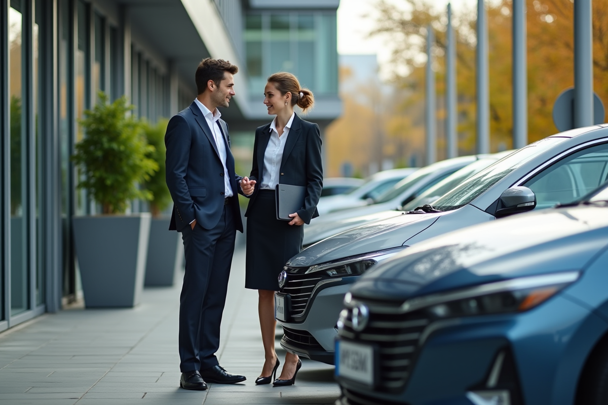 Deux jeunes professionnels discutant près de voitures hybrides