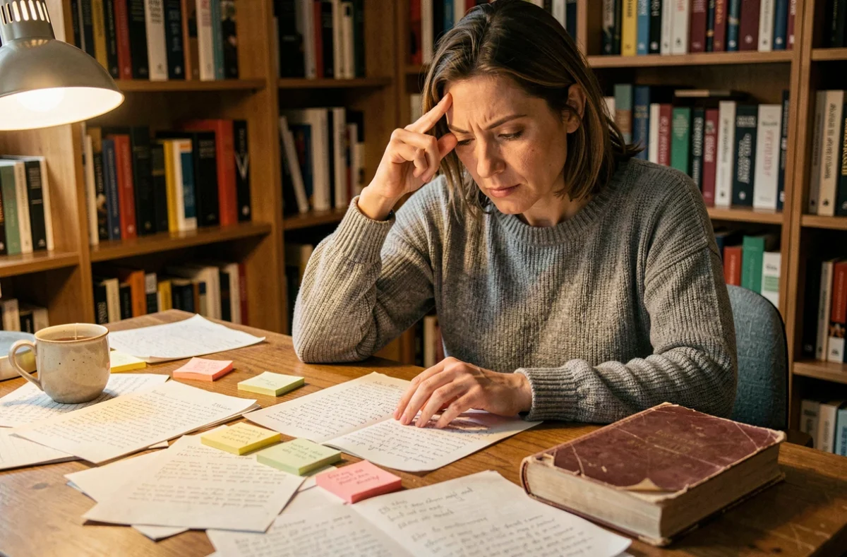 Femme écrivaine concentrée entourée de manuscrits et de notes sur un bureau en bois, illustrant la narration à la première personne et la construction d'un plotwist