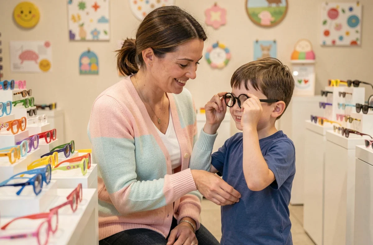 Section lunettes enfants chez Edgard Opticiens à Tours, une opticienne aidant un jeune garçon à essayer des montures colorées