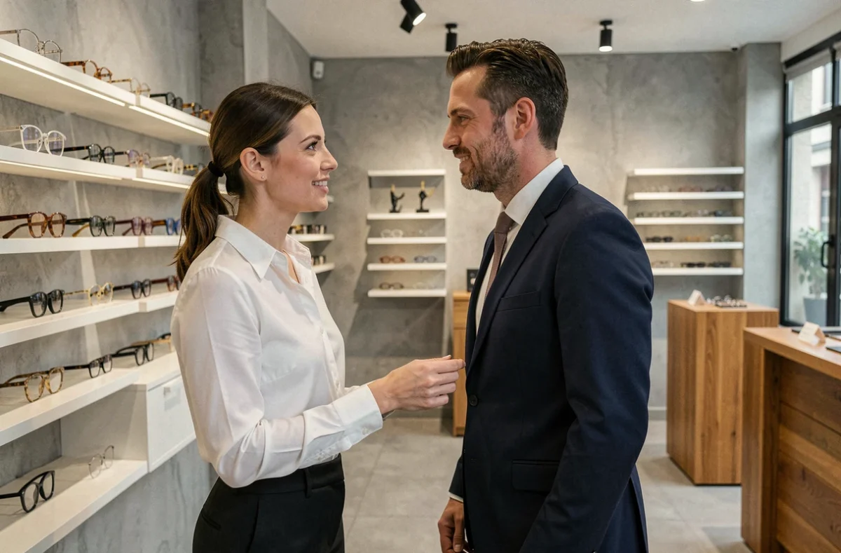 Opticien Edgard à Tours, un opticien professionnel aidant un client adulte à choisir des montures de lunettes haut de gamme