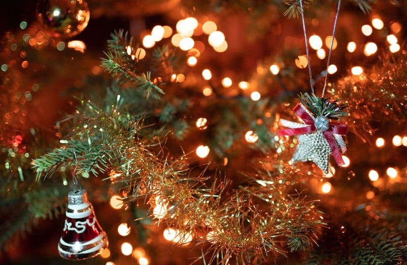 green christmas tree with string lights