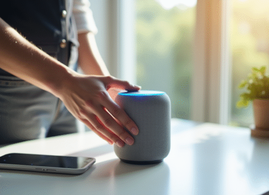 Main tenant une enceinte connectée avec lumières bleues Alexa