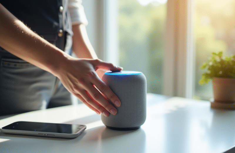 Main tenant une enceinte connectée avec lumières bleues Alexa