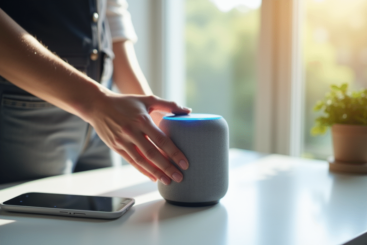 Main tenant une enceinte connectée avec lumières bleues Alexa
