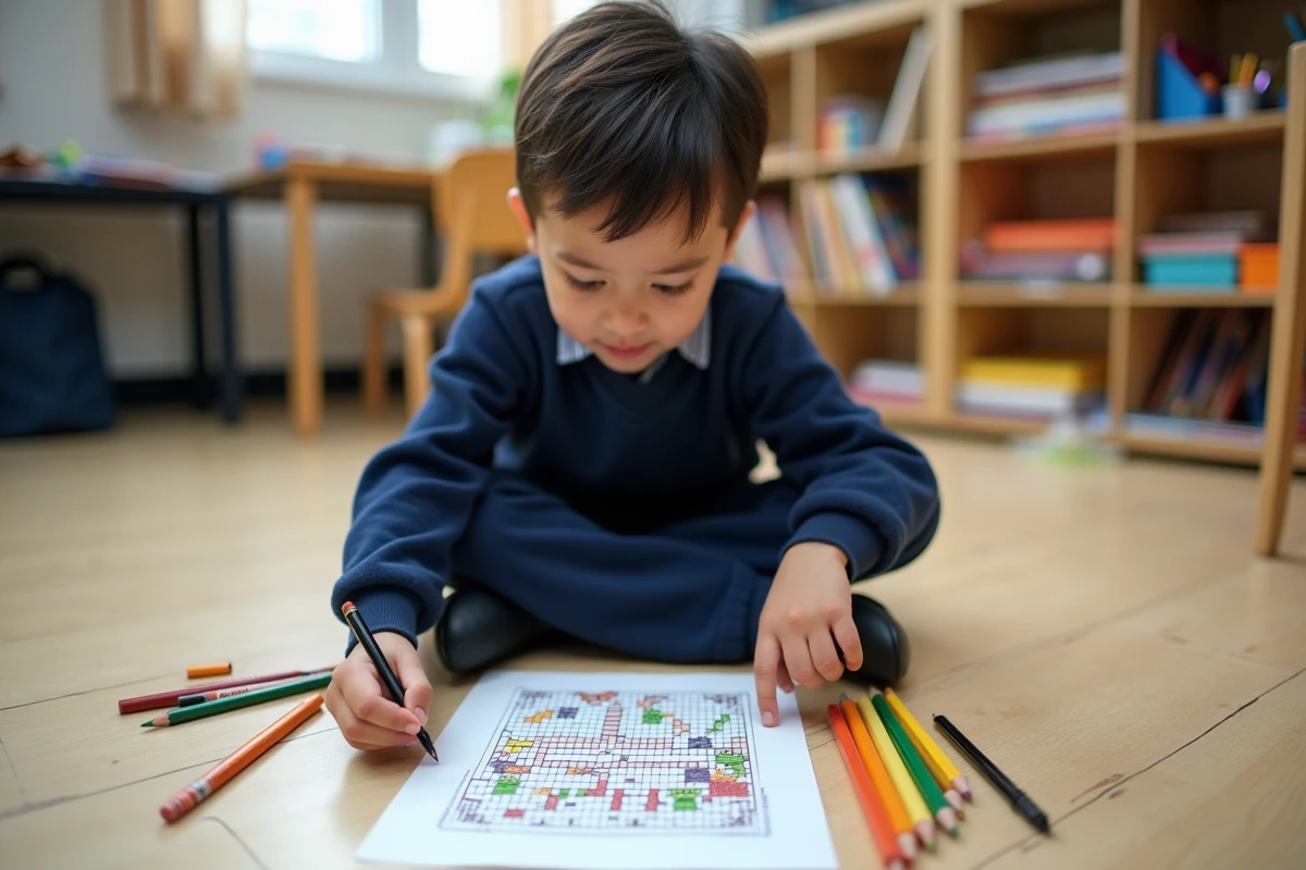 Enfant coloriant un dessin pixel art d'animaux mignons sur une fiche imprimée au sol en classe