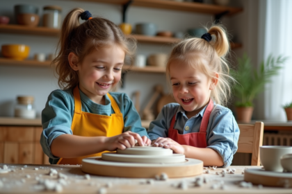 Deux enfants façonnent de la poterie dans une cuisine lumineuse