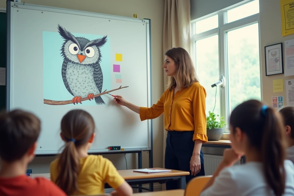 Enseignante expliquant la technique du pixel art avec un dessin de hibou sur tableau blanc en classe