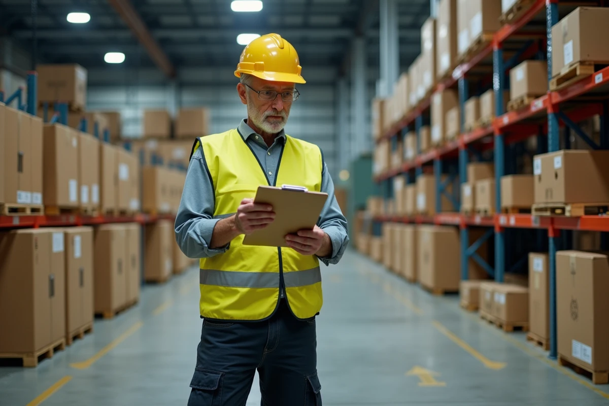 Agent de tri GLS vérifiant des colis sur tapis roulant dans un entrepôt de logistique en France