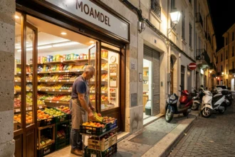 Épicerie indépendante ouverte le soir à Montpellier, commerçant rangeant des fruits devant sa boutique illuminée