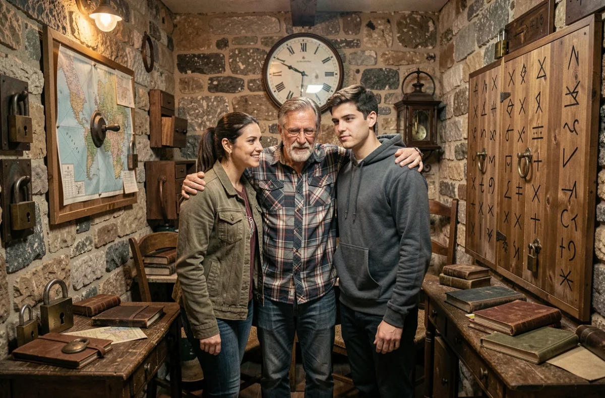 Groupe de joueurs immergés dans un escape game en Vaucluse, entourés d'énigmes et de décors mystérieux